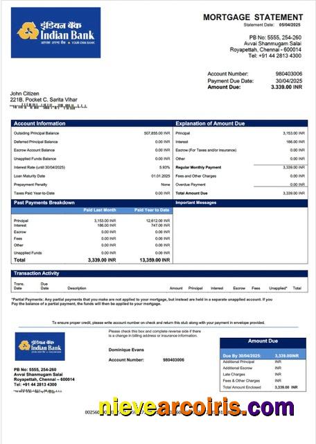 Indian Bank mortgage statement Word and PDF template
